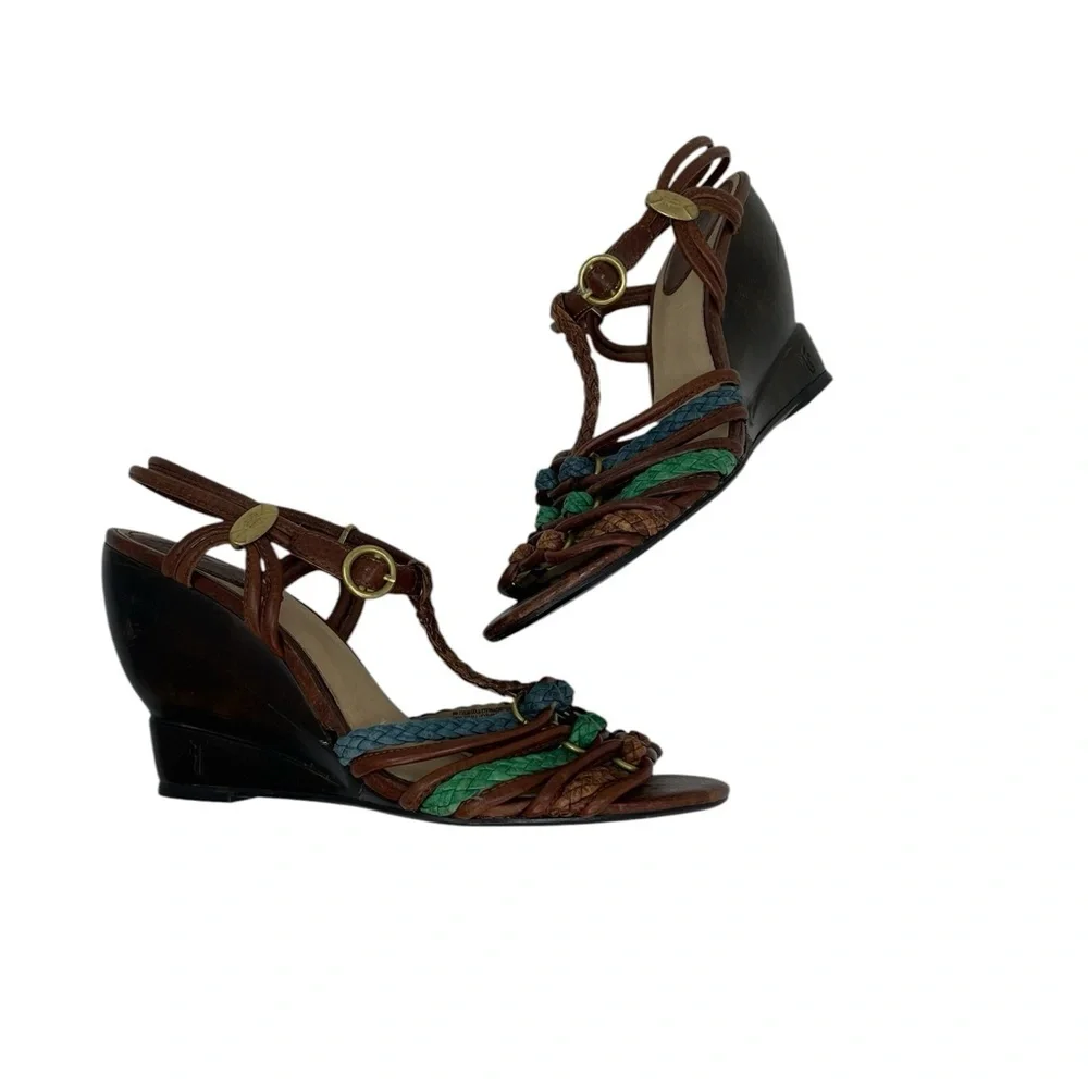FRYE COLETE Sandals Brown Braided Leather Wedge Heels Open Toe Strappy Buckle 9